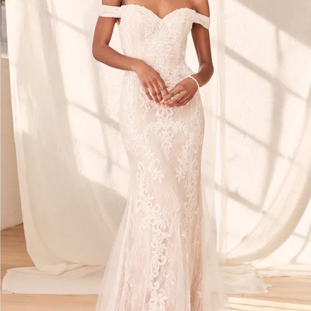 Lulus Promised Love White Beaded Lace Off-the-Shoulder Maxi Dress